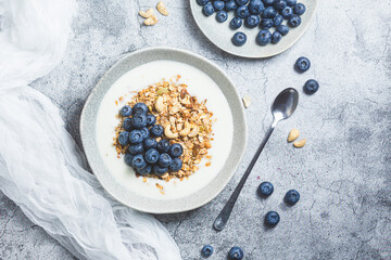 Fototapeta na wymiar Granola with yogurt and blueberries in a plate on a gray background