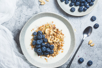 Granola with yogurt and blueberries in a plate on a gray background