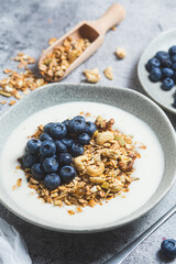 Granola with yogurt and blueberries in a plate on a gray background