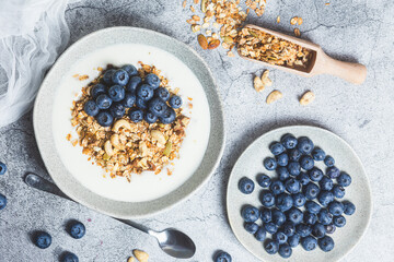 Granola with yogurt and blueberries in a plate on a gray background