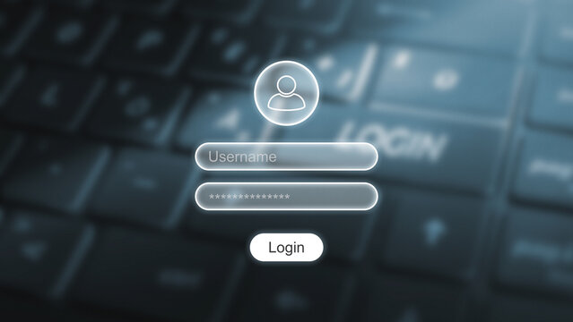Login UI (User Interface) on top of a laptop keyboard background, technology concept for cyber security and data protection, user authentication and access in digital platforms, username and password