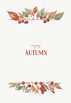Vertical banner with autumn fall botanical elements at the top and bottom. Free space for text in the center. Vector illustration in watercolor style