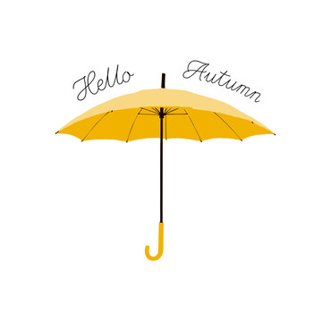 Yellow umbrella with Hello Autumn written above it. Vector illustration in simple style