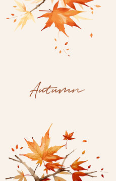 Vertical banner with autumn leaves frame. Free space for text on the center. Watercolor style vector illustration
