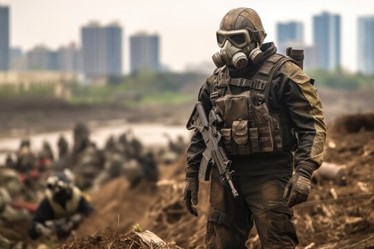 Modern soldier with a gas mask and combat gear standing in front of a ditch full of debris and injured soldiers and civilians. Generative AI 2