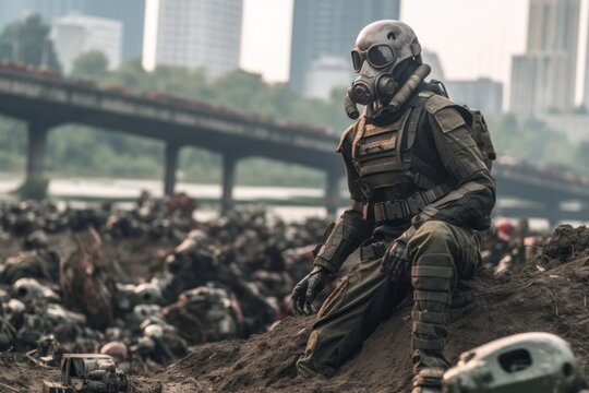 Modern soldier with a gas mask and combat gear standing in front of a ditch full of debris and injured soldiers and civilians. Generative AI 4