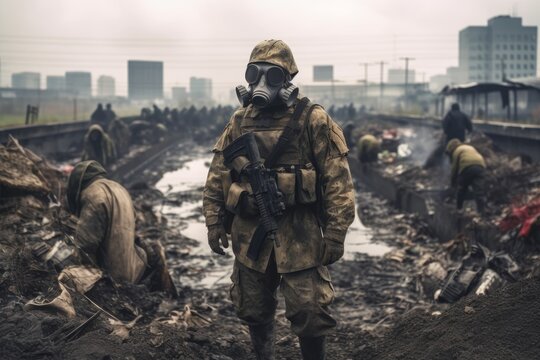 Modern soldier with a gas mask and combat gear standing in front of a ditch full of water and injured soldiers and civilians. Generative AI 1