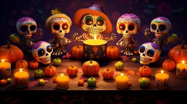Ilustracion del Dia de los Muertos con coloridas esculturas de esqueletos y velas
