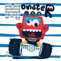 Funny cartoon cute red monster truck on striped background illustration vector. © singtamuang