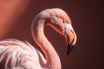 pink flamingo in front of pink wall,  Standing Pink Flamingo on a Light Pink Background, Enveloped in Natural Shadow and Bathed in Soft Natural Light, Showcasing Exquisite Detail