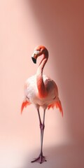 Fototapeta premium pink flamingo in front of pink wall, Standing Pink Flamingo on a Light Pink Background, Enveloped in Natural Shadow and Bathed in Soft Natural Light, Showcasing Exquisite Detail