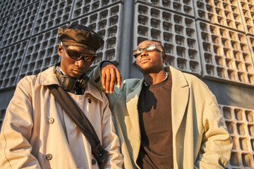 Fototapeta na wymiar Stylish two male multiracial friends posing near urban architecture