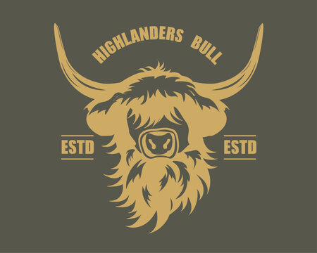 Portrait of Highland cattle, cow. Cute head of Scottish cattle isolated on green background. Design element for logo, poster, card, banner, emblem, t shirt. Vector illustration.