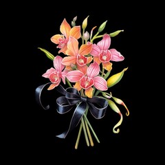 Orchid Bouquet Flowers on a Black Background. Generative ai