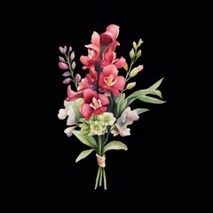 Snapdragon Bouquet Flowers on a Black Background. Generative ai