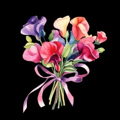 Sweet pea Bouquet Flowers on a Black Background. Generative ai