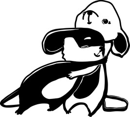 A cute bunny cuddled up to a hare. Graphic arts. Art & Illustration