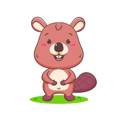 Naklejka na ściany i meble Cute Beaver Cartoon Character Mascot vector illustration. Kawaii Adorable Animal Concept Design. Isolated White background.