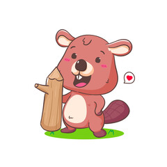 Obraz na płótnie Canvas Cute Beaver Cartoon holding wood Character Mascot vector illustration. Kawaii Adorable Animal Concept Design. Isolated White background.