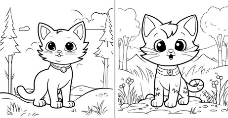 Cats coloring pages with forest background. Kids Coloring book, Cat Character Vector Illustration