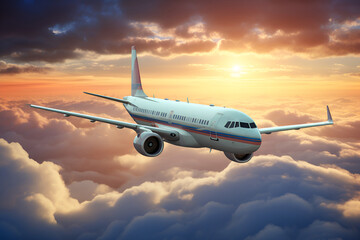 Passengers commercial airplane flying above clouds in sunset light. AI Generative