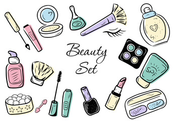 Set of Skincare and Make-up products. Beauty and Cosmetic doodle icons collection. Vector illustration.
