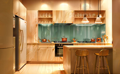 Fototapeta na wymiar illustration digital painting drawing of modern minimal kitchen room, generative AI