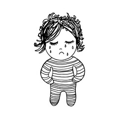 A little crying baby in a striped bodysuit. Black and white vector doodles.