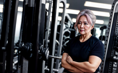 Fototapeta na wymiar healthy middle aged lady woman in sport wear at gym, generative AI