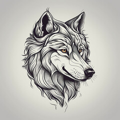 Fototapeta premium A very simple black and white tattoo design style line drawing illustration of a wolf head with generative AI technology
