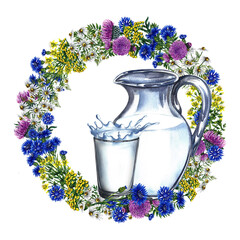 Carafe and a glass of milk. The composition is decorated with a wreath of wildflowers. Watercolor hand drawn illustration. For milk promotion banner, flyer, dairy product label packaging.