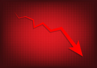 Red arrow graph drop arrow down with  on red background. Money losing. Stock crisis and finance concept.