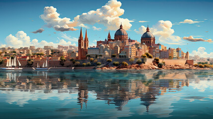Fototapeta premium A painting of historic city over calm sea. Generative AI. Imaginary Malta image.