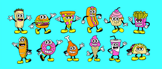 Vector Cartoon Funny Fast Food Characters Mascots Set Isolated