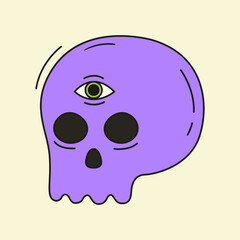 Psychedelic vector drawing of trippy skull with an eye. Groovy dead character icon. 60s and 70s style funky design. Abstract acid art sticker
