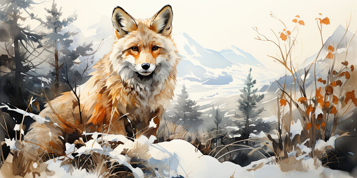 A painting of a fox sitting in the snow. Generative AI.