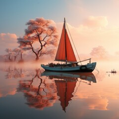 Old boat on the water. Old boat sunset in the background. Sunset old boat calm water. Rusty ship on the river.