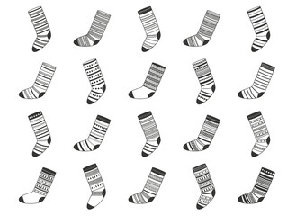 Collection of woolen socks with different ornaments. illustration on transparent background