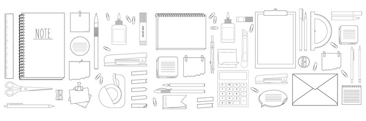 Collection of papers for memo and other stationery - notepads, stickers, pencil, pens, markers, notebooks and ect. illustration on transparent background - obrazy, fototapety, plakaty
