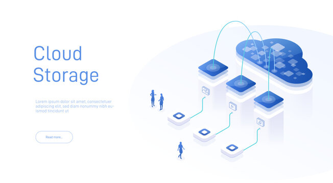 Cloud storage isometric. Computer service technology. Network infrastructure. Data server platform. Online devices upload, download information. Data in database on cloud services. 3d illustration