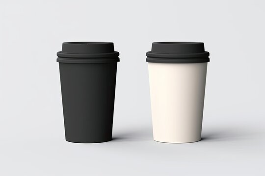 two mockup plastic cups with plain white and black packaging. white background