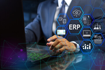businessman using   Enterprise Resource Planning  ( ERP ) software  to set business strategy