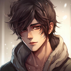Anime guy with dark hair in a sweatshirt. AI generative.