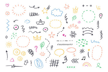 Hand drawn simple elements set. Sketch underlines, icons, emphasis, speech bubbles, arrows and shapes. Vector illustration isolated on white background.