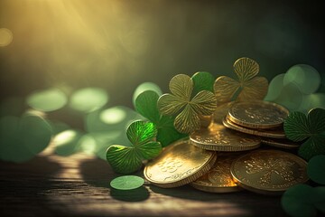 Coins, flowers and lucky clover St. Patrick's Day. Generated with AI technology
