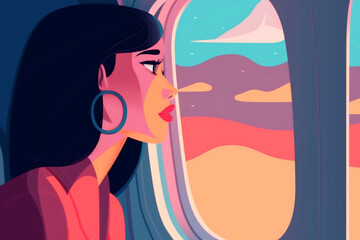 passenger woman window plane voyage trip journey character flight transportation seat. Generative AI.