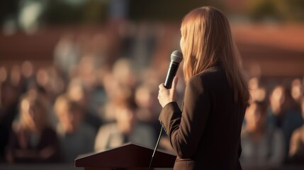 A speaker woman leader standing make a speech in front of microphone and audiences on stage outside in public, Generative AI - Powered by Adobe