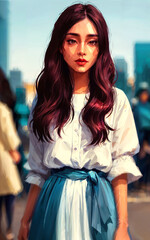 digital painting illustration of young woman with city building in background, generative AI