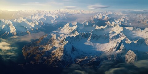 Fototapeta premium Bird's eye view of snow covered mountain peaks. Generative AI