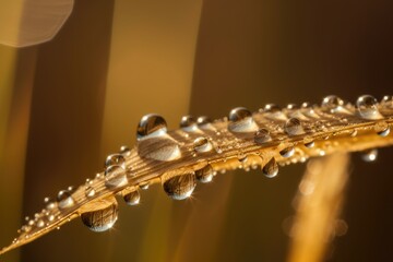 Drops of dew on a gold young wheat ear on a soft blurry golden background. Close-up macro in sunlight.